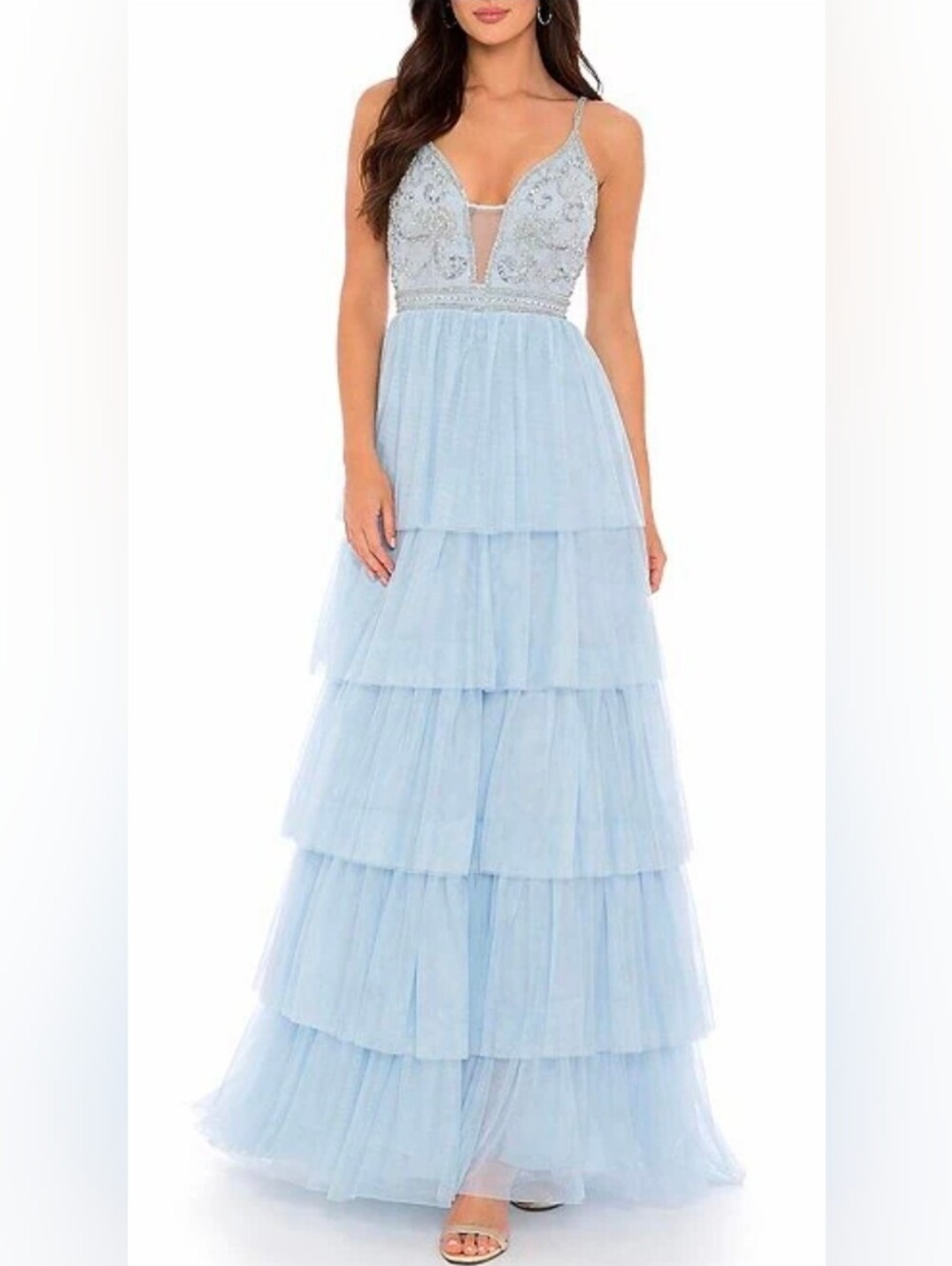Jump NWT Light Blue Beaded Tulle Tiered Ball Gown Dress Size 1/2